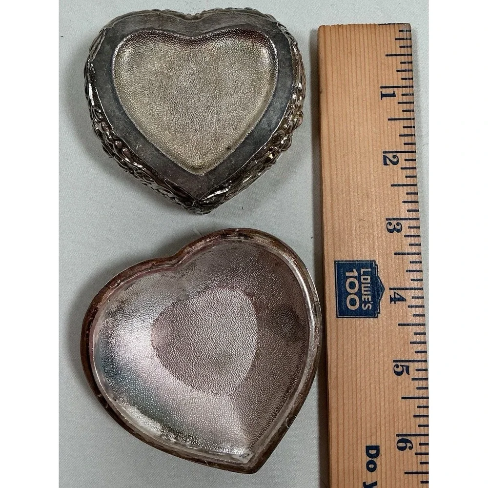 VTG Ornate Heart Shaped Jewelry Trinket Box Silver Tone Blue Velvet Lined 3.25